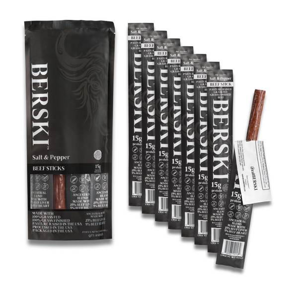 BERSKI Salt & Pepper Ancestral Beef Sticks - 8 Pack of 1.9oz Sticks