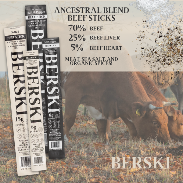 BERSKI Salted Ancestral Beef Sticks - 8 Pack of 1.9oz Sticks